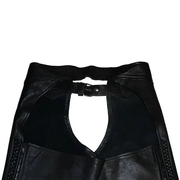 Vintage Black Genuine Leather Motorcycle Riding Chaps Heavy Leather Halloween - Picture 8 of 11